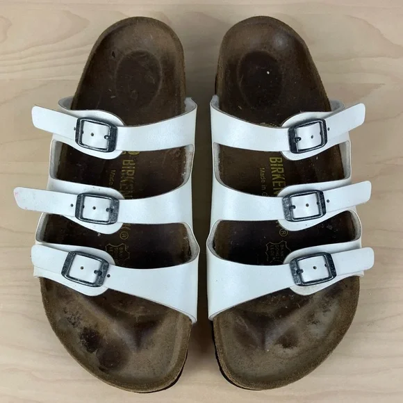 Birkenstock Women’s Size 39 / 8.0 Florida White Leather 3 Strap Cork Sandals - Picture 2 of 15